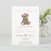 We Can Bearly Wait! Pink Military Bear Baby Shower 招待状 (スタンド正面)