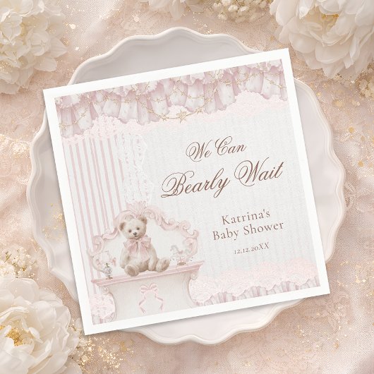 We Can Bearly Wait Pink Nursery Girl Baby Shower スタンダードカクテルナプキン