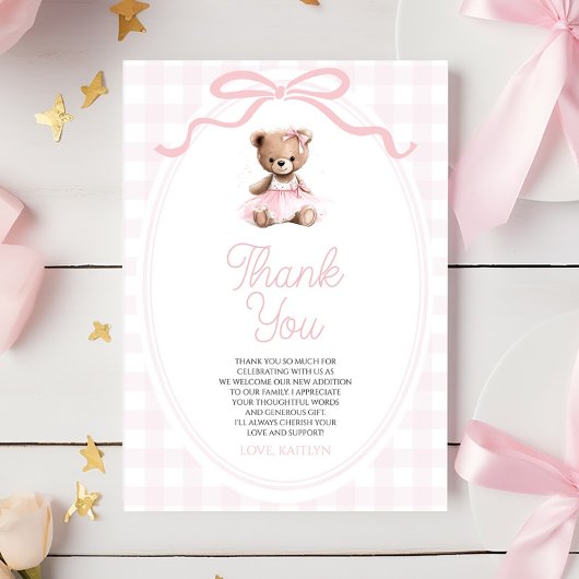 We Can Bearly Wait Pink Teddy Bear Baby Shower サンキューカード