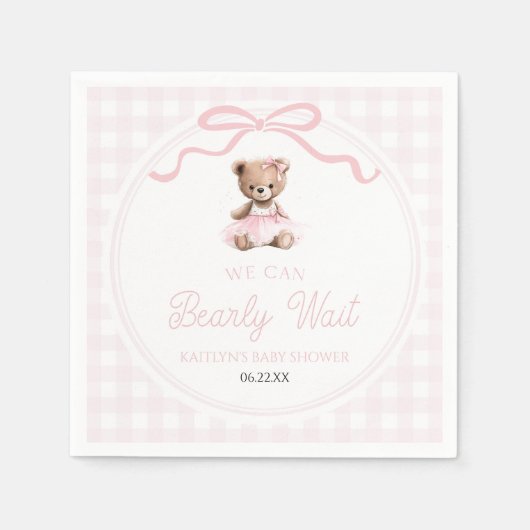 We Can Bearly Wait Pink Teddy Bear Baby Shower スタンダードカクテルナプキン (正面)