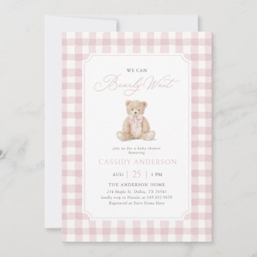 We Can Bearly Wait Pink Teddy Bear Baby Shower 招待状 (正面)