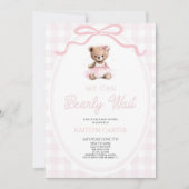 We Can Bearly Wait Pink Teddy Bear Baby Shower 招待状 (正面)