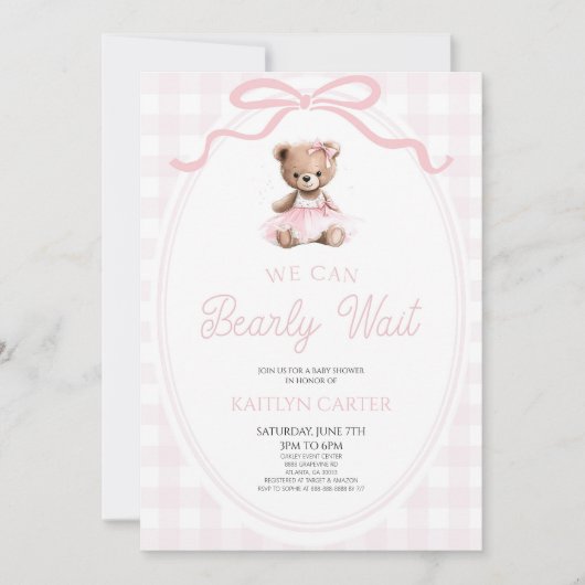 We Can Bearly Wait Pink Teddy Bear Baby Shower 招待状 (正面)