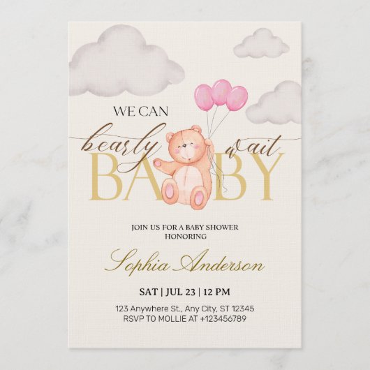 We Can Bearly Wait Pink Teddy Bear Baby Shower 招待状 (正面)