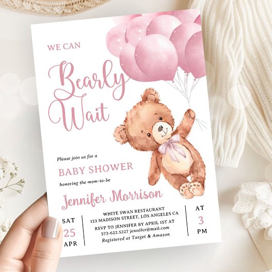 We Can Bearly Wait Pink Teddy Bear Baby Shower 招待状