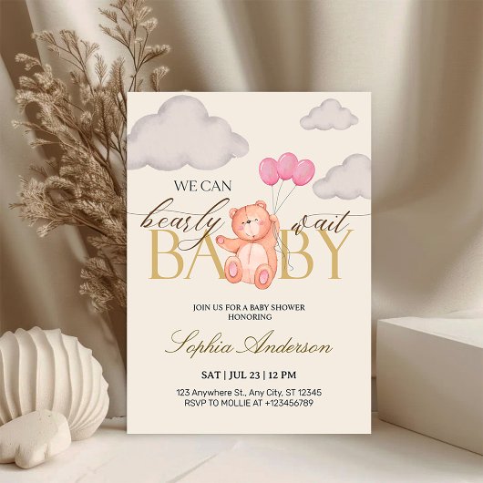 We Can Bearly Wait Pink Teddy Bear Baby Shower 招待状