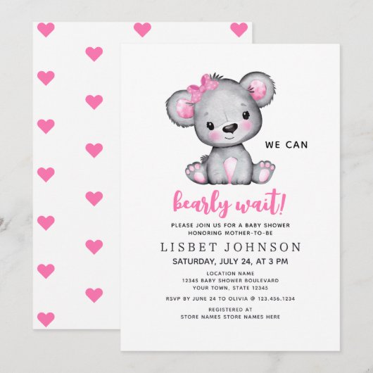 We Can Bearly Wait Pink Teddy Bear Baby Shower 招待状 (正面/裏面)