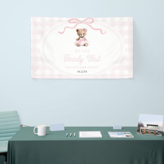 We Can Bearly Wait Pink Teddy Bear Baby Shower 横断幕 (トレードショー)
