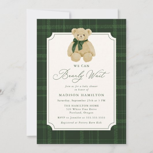 We Can Bearly Wait Plaid Teddy Bear Baby Shower 招待状 (正面)