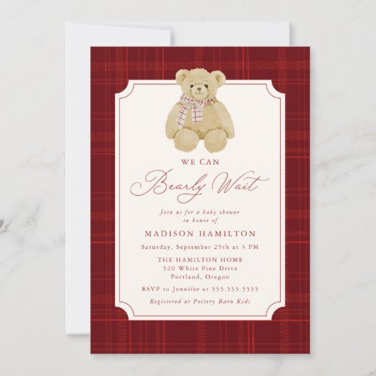 We Can Bearly Wait Plaid Teddy Bear Baby Shower 招待状 (正面)