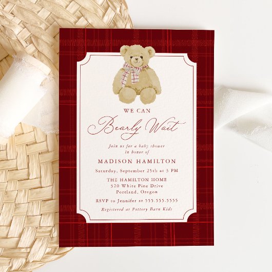 We Can Bearly Wait Plaid Teddy Bear Baby Shower 招待状
