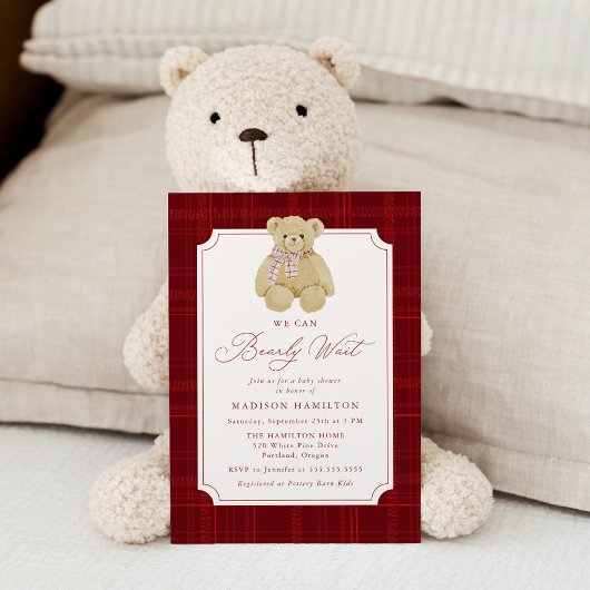 We Can Bearly Wait Plaid Teddy Bear Baby Shower 招待状