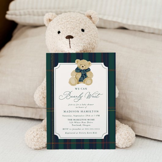 We Can Bearly Wait Plaid Teddy Bear Baby Shower 招待状