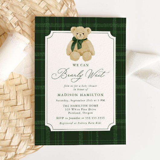 We Can Bearly Wait Plaid Teddy Bear Baby Shower 招待状