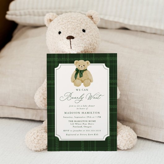 We Can Bearly Wait Plaid Teddy Bear Baby Shower 招待状