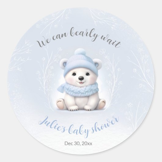 We Can Bearly Wait Polar Bear Blue Baby Shower ラウンドシール (正面)