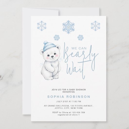 We Can Bearly Wait Polar Bear Winter Baby Shower 招待状 (正面)