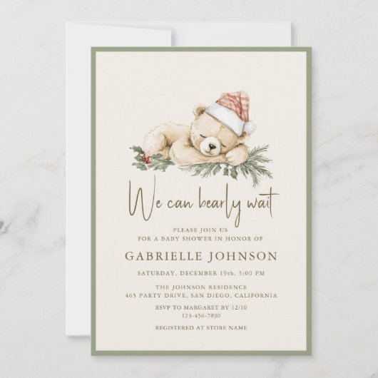 We Can Bearly Wait QR Christmas Baby Shower 招待状 (正面)