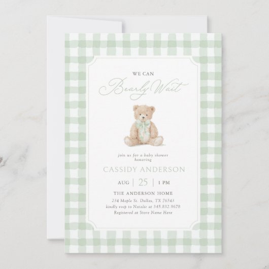 We Can Bearly Wait Sage Teddy Bear Baby Shower 招待状 (正面)