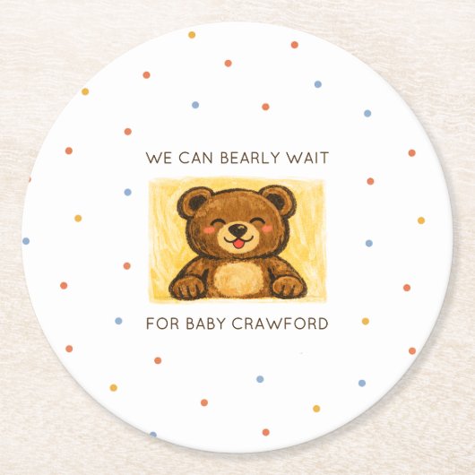 We Can Bearly Wait! Simple Hand Drawn Baby Shower ラウンドペーパーコースター (正面)