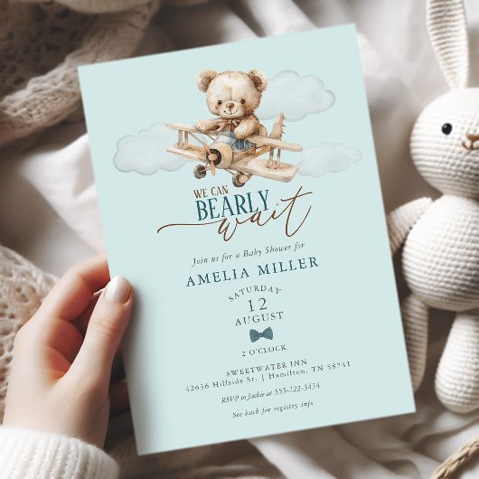We Can Bearly Wait Teddy Airplane Blue Baby Shower 招待状
