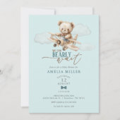 We Can Bearly Wait Teddy Airplane Blue Baby Shower 招待状 (正面)