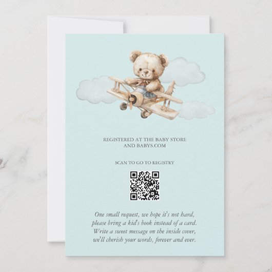 We Can Bearly Wait Teddy Airplane Blue Baby Shower 招待状 (裏面)