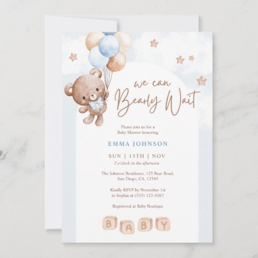 We Can Bearly Wait Teddy Bear Baby Boy Shower  招待状 (正面)