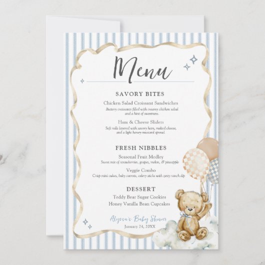 We Can Bearly Wait Teddy Bear Baby Boy Shower Menu 招待状 (正面)