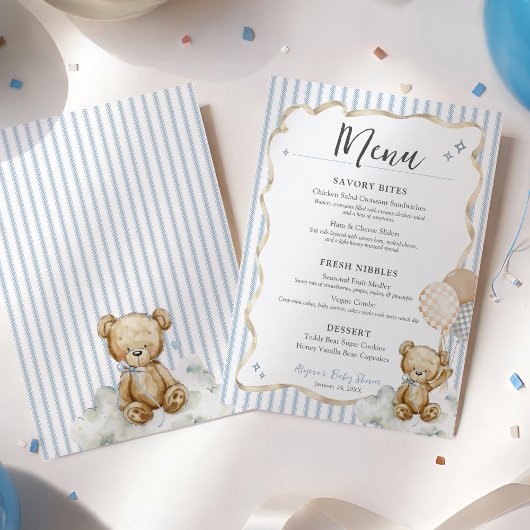 We Can Bearly Wait Teddy Bear Baby Boy Shower Menu 招待状