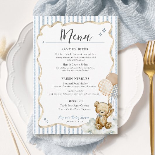We Can Bearly Wait Teddy Bear Baby Boy Shower Menu 招待状