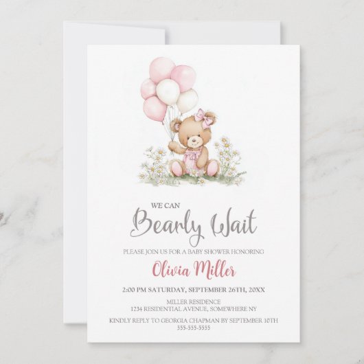 We Can Bearly Wait Teddy Bear Baby Girl Shower 招待状 (正面)