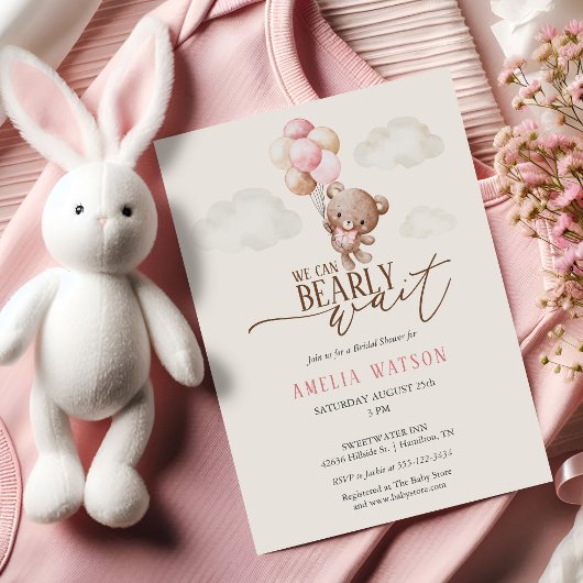 We Can Bearly Wait Teddy Bear Baby Girl Shower 招待状