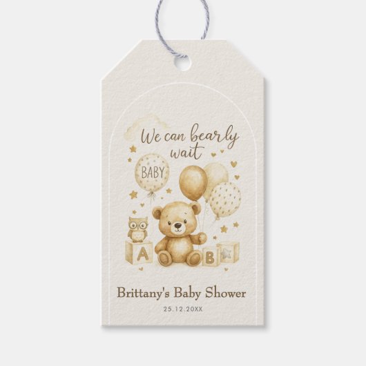 We Can Bearly Wait Teddy Bear Baby Shower  ギフトタグ (正面)