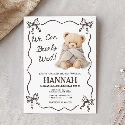 We Can Bearly Wait, Teddy Bear Baby Shower 招待状
