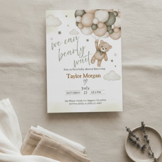 We Can Bearly Wait Teddy Bear Baby Shower  招待状