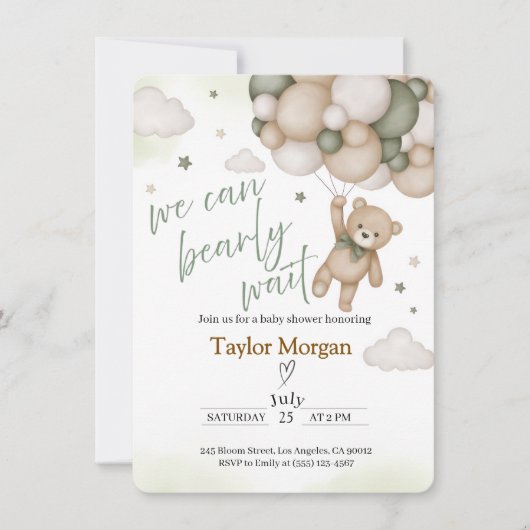 We Can Bearly Wait Teddy Bear Baby Shower  招待状 (正面)