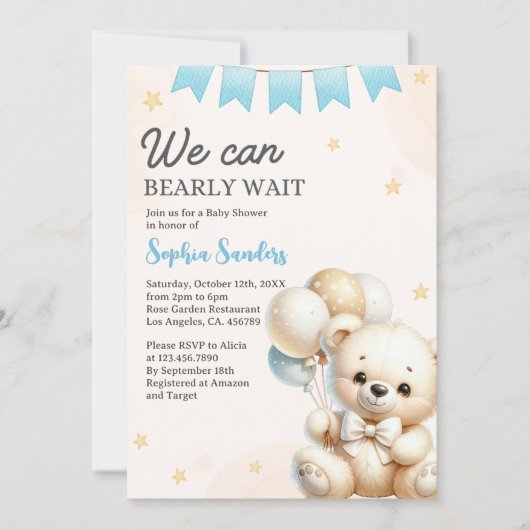 "We Can Bearly Wait! Teddy Bear Baby Shower 招待状 (正面)