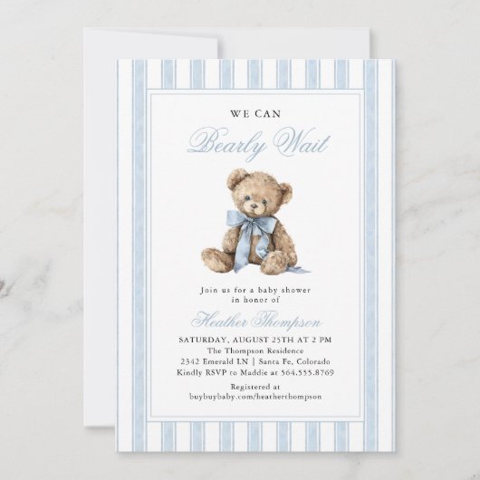 We Can Bearly Wait Teddy Bear Baby Shower 招待状 (正面)