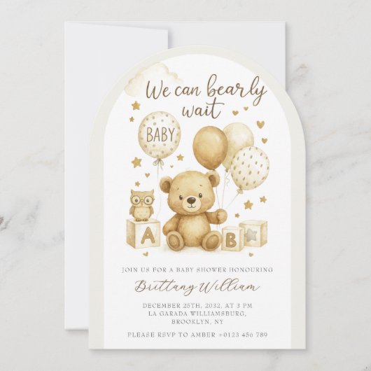 We Can Bearly Wait Teddy Bear Baby Shower  招待状 (正面)
