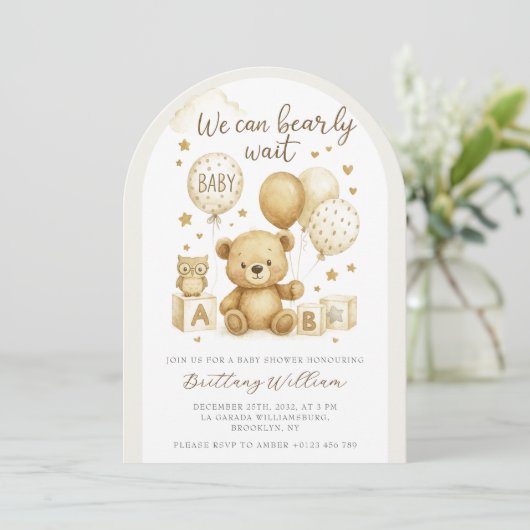 We Can Bearly Wait Teddy Bear Baby Shower  招待状 (スタンド正面)