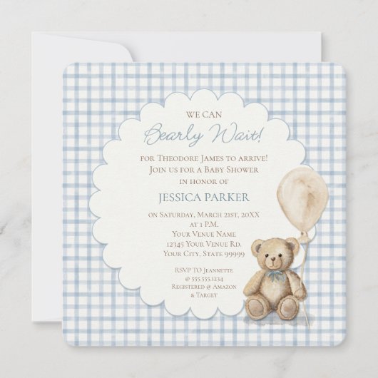 We Can Bearly Wait Teddy Bear Baby Shower Boy  招待状 (正面)