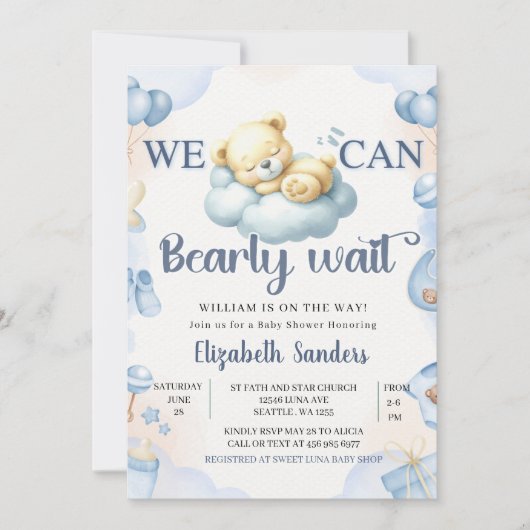 We can Bearly wait - Teddy Bear Baby Shower Boy 招待状 (正面)