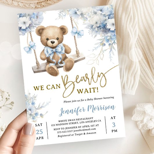 We Can Bearly Wait Teddy Bear Baby Shower Boy Blue 招待状
