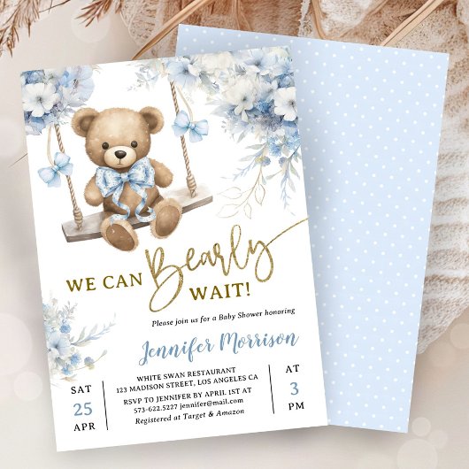 We Can Bearly Wait Teddy Bear Baby Shower Boy Blue 招待状