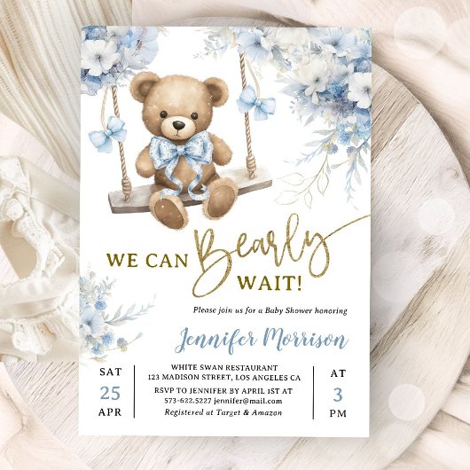 We Can Bearly Wait Teddy Bear Baby Shower Boy Blue 招待状