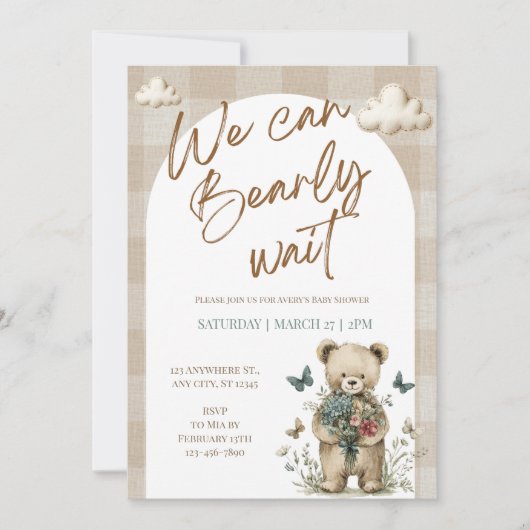 We Can Bearly Wait Teddy Bear Baby Shower Invite 招待状 (正面)