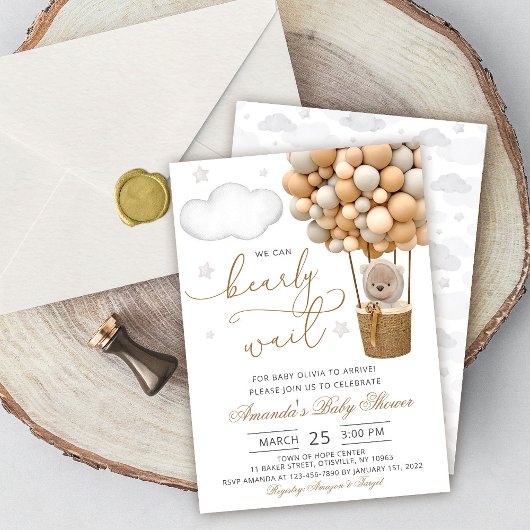 We Can Bearly Wait Teddy Bear Balloon Baby Shower 招待状