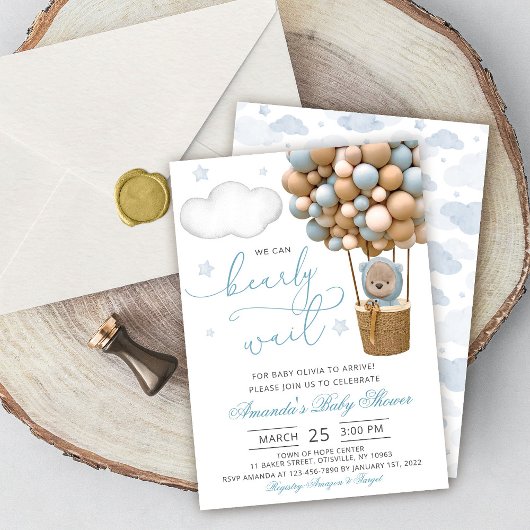 We Can Bearly Wait Teddy Bear Balloon Baby Shower 招待状