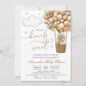 We Can Bearly Wait Teddy Bear Balloon Baby Shower 招待状 (正面)